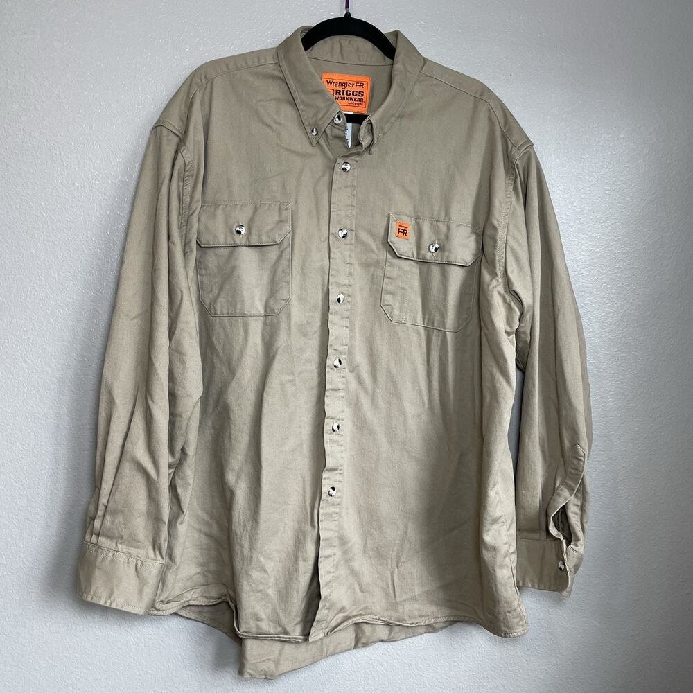 Wrangler Riggs Flame Resistant Work Shirt Mens XL Beige Long Sleeve Workwear